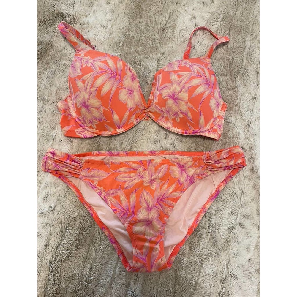 Shade & Shore - Women's Orange / Pink Floral Bikini Swimsuit - L / 38D